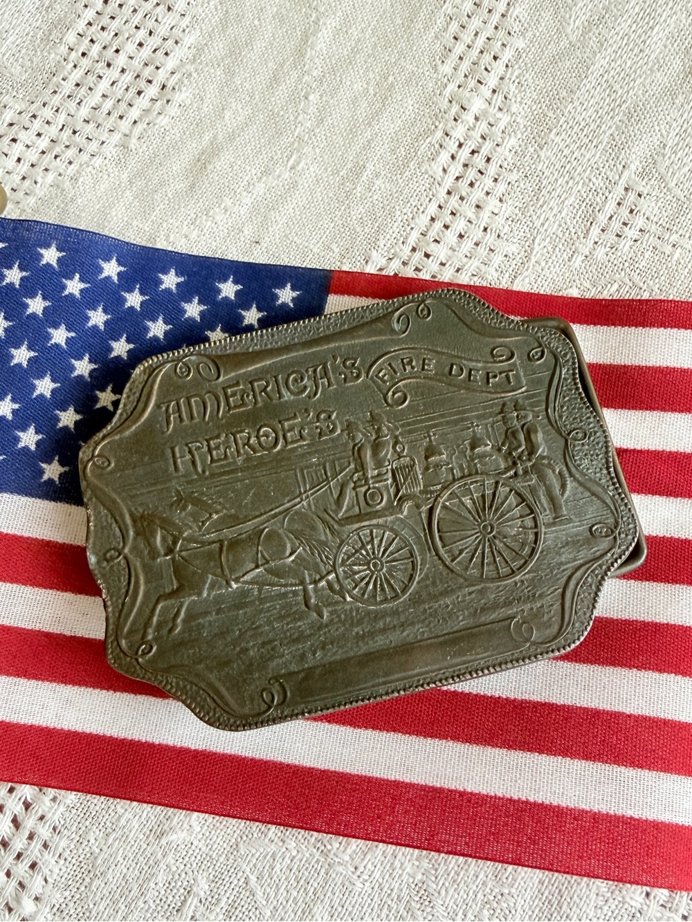 Vintage “America’s Heroes” Brass Fire Dept Belt Buckle – Solid Brass USA